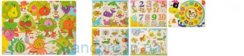 Деревянная игрушка Рамка-вкладыш THS-015 (150шт) с ручкой,микс видов(1в-часы),в кульке,30-22,5-1,5см